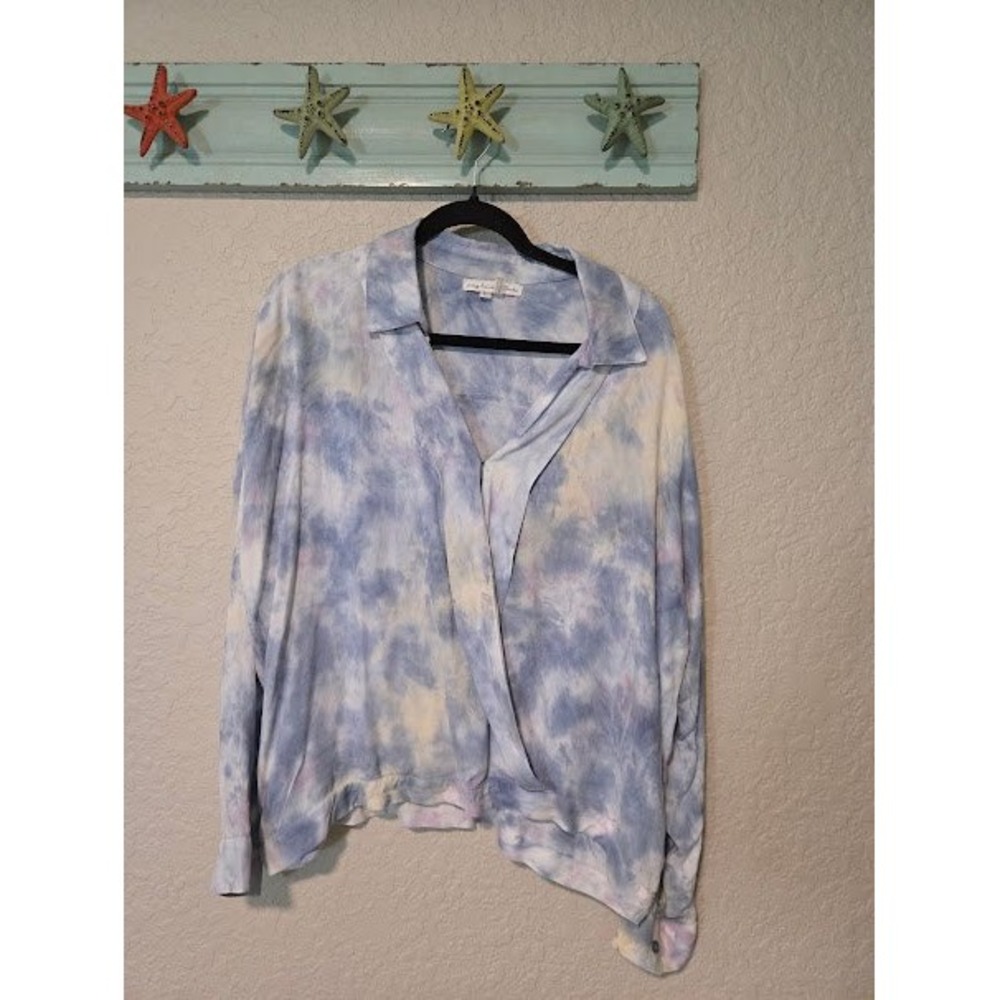 Young Fabulous &‎ Broke Blue Tie Dye Surplice Crossover Long Sleeve Blouse Large